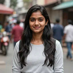 portrait Mid-shot of an beautiful 20-year-old Indian woman, candid street portrait in the style of Martin Schoeller award winning