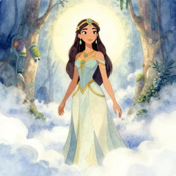 aztec scifi pricess of the cloud forest, wearing a lovely dress. this watercolor painting by the award - winning animator has an interesting color scheme and impeccable lighting.