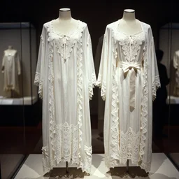 the film still photographed image is of 1 9 0 0 s haute couture sleepwear ensemble is a beautiful and unique piece that is currently being featured in a museum exhibit. this piece was inspired by the zodiac sign of taurus. the ensemble consists of a delicate white nightgown with intricate lace detailing, a matching robe, and a satin sash. the ensemble is displayed on a mannequin in the exhibit.