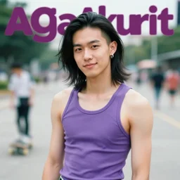 softblur portrait of a highschool senior with middle long black hair, shaven face, silver earring, violet tight tanktop, he is smirking into the camera for a cover of a gay print magazine, agfa akurit, street photography, lomography, wannsee, blurred, skateboard