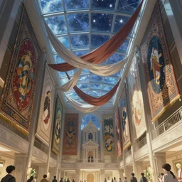 polygonal marketplace with giant walls and glass ceilings showing the stars and hanging silk drapery and tapestries, light dust, magnificent, close up, details, sharp focus, elegant, highly detailed, illustration, by Jordan Grimmer and greg rutkowski and PiNe(パイネ) and 薯子Imoko and 香川悠作 and wlop and maya takamura, intricate, beautiful, Trending artstation, pixiv, digital Art
