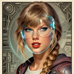 taylor swift as tracer from overwatch, see through glass hologram mask, character portrait, portrait, close up, concept art, intricate details, highly detailed, vintage sci - fi poster, retro future, vintage sci - fi art, in the style of chris foss, rodger dean, moebius, michael whelan, and gustave dore