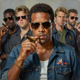 an oil painting portrait of crockett and tubbs in eighties miami vice, ultra realistic, highly detailed faces, true to life, masterpiece, cinematic by frank frazetta, greg rutkowski, beeple, yoko taro, christian macnevin, beeple, wlop, krenz cushart, holding cigar, epic fantasy character art, volumetric lighting