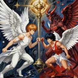 battle between good and evil , battle between angels and demons, psx game graphics ,  Beksinski painting by  and Takato Yamamoto  and  Yoshitaka Amano, high resolution, ultra detailed