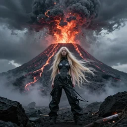 volcano eruption apocalyptic scene with a long haired flowing blonde cyber girl futuristic runway rick owens bladerunner stormy weather high detailed photography result
