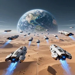 thousands of spaceships flying toward camera with blue flames, distant planet earth desert wasteland, hyperrealistic, Cryengine 8k UHD