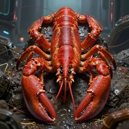 invertebrate crustacean lobster, generally reddish in color with some yellow or brown stripes. gigantic, detailed, realistic, elfpunk, gargantuan, cyberpunk, warfare