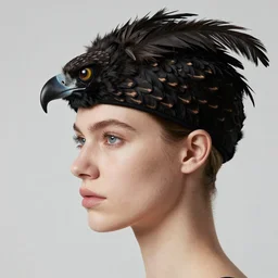 photorealistic profile of a prada - type east european model wearing a feather hat in the shape of a hawk, fashion photography, styles by karsh and richard avedon, hyperrealistic, pale, perfect skin, slight body, pout, 8 k, deep focus, perfect eyes, symmetrical features, wlop, face by young michelle trachtenberg, artstation trending, octane render, unreal 5, professional photo, studio lighting, precision facial feature construction w 1 0 2 4