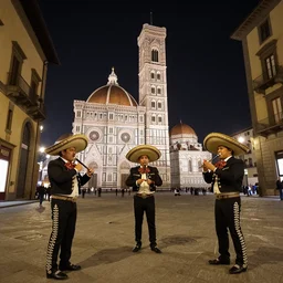 3 mexican mariachi are playing in a street of firenze, wide angle, night, by jules bastien - lepage