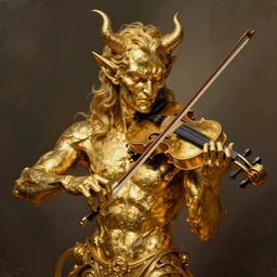 portrait of a devil playing a fiddle made of gold, handsome, menacing, photorealistic, medium shot, cinematic lighting, digital art, illustration, very detailed, by tom bagshaw