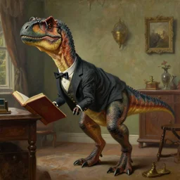 detailed oil painting of a velociraptor wearing a nice suit and glasses in a very nice english study holding a book