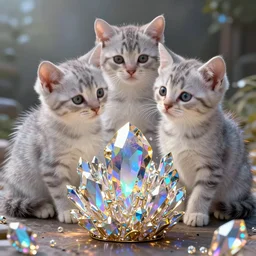 kittens art style by alberto seveso, iridescent beautiful magical treasure, sharp focus, raytracing, intricate linework, bright precious crystals, 4 k detailed hyperrealistic concept art by artem chebokha, makoto shinkai