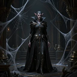 a 4 k cinematic screenshot still portrait of a dark elf in a dark liminal space room surrounded by spider webs, deep focus, d & d, fantasy, intricate, elegant, highly detailed, digital painting, art station, concept art, matte, sharp focus, illustration, dark fantasy style art, hearthstone, art by artgerm and greg rutkowski and alphonse mucha