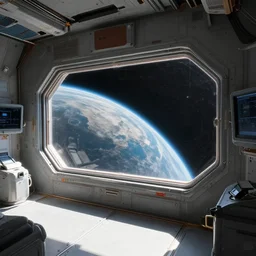concept art for the interior of a space station there is a large window looking out on a planet from space by kim jung gi