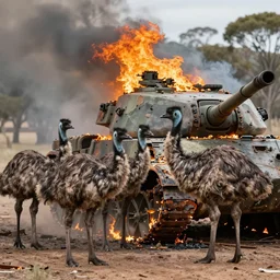 a group of emus attacking the burning wreck of a tank in australia