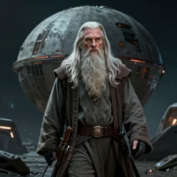 gandalf on a sightseeing tour on the death star, digital art, dramatic,