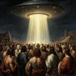 exodus from egypt, crowd of ancient people led by ufo column of light, soft grainy bloom lucid dream - like atmosphere, harsh flash photo, baroque portrait painting, perfect composition, detailed octane render trending on artstation, 8 k artistic photography, volumetric cinematic perfect light, chiaroscuro, masterpiece, raphael, caravaggio, beksinski, rutkowski, beeple