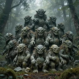 photo of a pile of evil trolls made of stone, petrified, gorgeous detail 8 k wide view, murky woodland lighting and mist