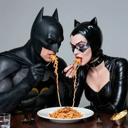 batman and catwoman eating spaghetti, romantic, studio light, by terry richardson, 8 5 mm
