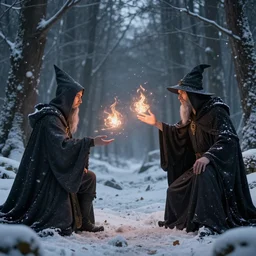 2 wizards casting magic at each other, in an snowy ebony forest, 4 k resolution, octane render, ultradetailed, photorealistic, ultrarealism