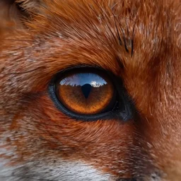 macro picture of a red fox's eye, macro photography, night sky reflected in eye