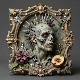 zombie, punk, male, fruit and flowers, botanical, crystals, vanitas, sculptural, baroque, rococo, intricate detail, spiral, ornamental, decomposing