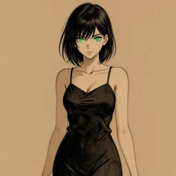 gorgeous young woman with green eyes, wearing a camisole, full body drawing, black and brown colors, in the style of greg rutkowski, anime artstyle, intricate