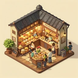 isometric view of the busytown bakery, soft warm lighting, by greg rutkowski and studio ghibli, 8 k, photorealistic, in the style of disco elysium screenshot, extreme detail, octane render