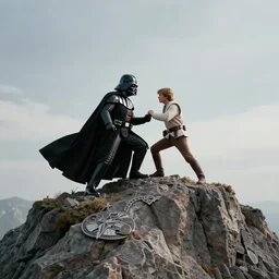 darth vader fighting luke skywalker on top a mountain, wide angle shot, diffuse lighting, intricate, elegant, highly detailed, lifelike, photorealistic, smooth, sharp focus, a 2 4! film cinematography, cinematic, hyper realism, high detail, dream like atmosphere