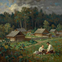 A beautiful painting of russian village in dark forest by ivan shishkin and greg rutkowski, trending on artstation,matte painting