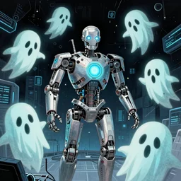 mechanical ghosts arriving from a cyber heaven, comic style, 1970