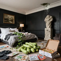realistic photograph of courgettes in a trashed luxury apartment bedroom, art supplies, clothes, vines, empty vegan pizza boxes, propaganda leaflets, a large stone sculpture, paint dripping from ceiling, black walls