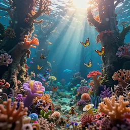 Realistic Underwater environment landscape, rainbow coral forest, sea butterflies, fantasy flowers, bloom, god rays, cinematic lighting, by Luis Ricardo Falero, by Norman Rockwell, by Maxfield Parrish, by Alphonse Mucha, by Bouguereau, by Rubens, fantasy, portfolio illustration, highly detailed, trending on Artstation, CGsociety, Pixologic top row, rendered in Octane, rendered in Arnold, HQ, 8k, 35mm lens, f2.8, Bokeh,