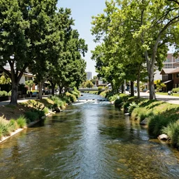 large tree-lined clean and natural LA River flowing by Downtown Los Angeles