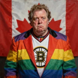 hyper realistic portrait of morbidly obese don cherry, studio photo still of sad and old don cherry degenerate, comical rainbow suit, hockey night on cbc, huge dirty canada flag in background, bruins jersey logo, portrait dnd, painting by gaston bussiere, craig mullins, greg rutkowski, yoji shinkawa