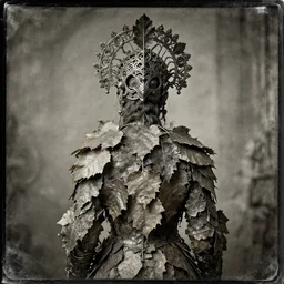 dusted tintype portrait of realistic armour made of leaves, seen from behind dramatic light, dystopian environment, intricate, elegant, highly detailed, centered headdress, artstation, sharp focus, artgerm, tomasz alen kopera, peter mohrbacher, donato giancola, joseph christian leyendecker, wlop, boris vallejo, frank frazetta