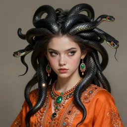 portrait of teenage medusa, no hair, sassy expression, black snakes with orange eyes cover her head, wearing an embroidered orange tunic, intricate, elegant, copper and emerald jewelry, glowing lights, highly detailed, digital painting, artstation, concept art, smooth, sharp focus, illustration, art by wlop, mucha, artgerm, and greg rutkowski