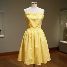 the film still photographed image is a vintage leisure wear ensemble from the 1 9 5 0 s. the slip is inspired by a yellow princess aesthetic. it is displayed on a mannequin in a museum exhibit. vibrant cinematography, anamorphic lenses, upscale, hyper realistic photo, crisp, detailed image in 8 k resolution.