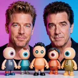 john stamos and tony danza, focused, mugshots, photoshoot, sharp details, face photo, face details sharp, by donato giancola and greg rutkowski and wayne barlow and zdzisław beksinski, eyeballs, product photography, action figure, sofubi, studio lighting, colored gels, colored background,
