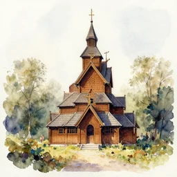 small centered on watercolor paper, paint brush strokes, abstract watercolor painting of traditional scandinavian wooden church, medieval chapel, cinematic light, national romanticism by hans dahl, by jesper ejsing, by anders zorn, by greg rutkowski, by greg manchess, by tyler edlin