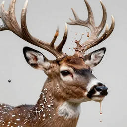 still shot close up footage of a deer's head exploding and disintegrating into acrylic pour and splashing paint and dripping paint, thick impasto paint, embossed paint, big flying chunks of paint, motion blur, hyperrealistic, medical, intricate art photography, anatomically correct, realistic crisp textures, 1 6 k