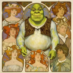 detailed portrait of shrek by alphonse mucha, ayami kojima, yoshitaka amano, charlie bowater, karol bak, greg hildebrandt, jean delville, and mark brooks, art nouveau, pre - raphaelite, neo - gothic, gothic, art nouveau, intricate fine details, exquisite, rich deep moody colors, beautiful detailed background