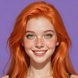 portrait of a beautiful smiling girl with orange hair and freckles, green eyes, highly detailed, digital painting, concept art, smooth, sharp, focus, background is purple, anime key visual, ilya kuvshinov, Ross Tran, artstation