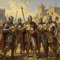 an epic painting of the crusaders order of beer lovers, , oil on canvas, golden hour, beautiful detailed, photorealistic, digital painting, artstation, concept art, smooth, sharp focus, illustration, fantasy background, artstation trending, octane render, unreal engine