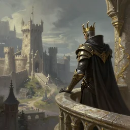 cursed king observing his realm from his fortress balcony, deep focus, d & d, fantasy, intricate, elegant, highly detailed, digital painting, artstation, concept art, matte, sharp focus, illustration, hearthstone, art by artgerm and greg rutkowski and alphonse mucha