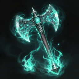 Glowing D&D Battleaxe emanating teal energy, highly detailed, digital painting, 8k, HD