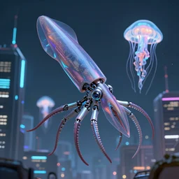 robotic squid, cybercity, cybernetic jellyfish, cgsociety, artstation, 3 5 mm, globalization