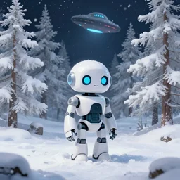 a small glossy white cybernetic robot stands on the snowy ground in a forest of white fir trees at night. a!!! ufo!!! is next to the robot. snowing. cyril roland naomi okubo. trending on artstation. digital painting.