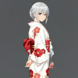 (beautiful) girl, silver hair, white kimono with complex red flower patterns, full body, looking to camera, showing her shoulder from back, ilustration by (Takehiko Inoue) ((and Krenz Cushart))