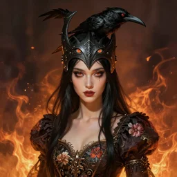 fantasy portrait, witch with 4 eyes, black hair, crow helmet, floral dress, intricate detail, photorealistic, elegant, stylish, highly detailed, digital painting, artstation, concept art, smooth, sharp focus, illustration, art by artgerm and greg rutkowski and terese nielsen, fire scheme